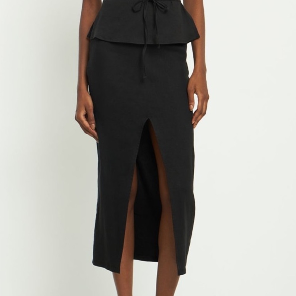 Anemos The Front Slit Black Stretch Linen Blend High Waisted Midi Skirt NWT Sz S